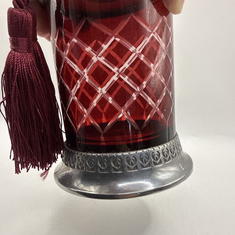 Vintage Hand Cut Crystal Candle Holder with Red Tassel Silver Top And Base - Picture 7 of 12